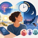 Žena medzi dennou a nočnou oblohou, symbolizujúca vplyv zmeny času a svetla na vnútorné hodiny, spánok a zdravie.