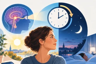 Žena medzi dennou a nočnou oblohou, symbolizujúca vplyv zmeny času a svetla na vnútorné hodiny, spánok a zdravie.