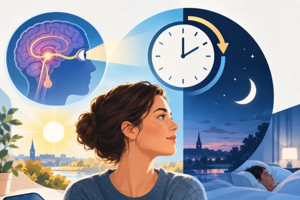 Žena medzi dennou a nočnou oblohou, symbolizujúca vplyv zmeny času a svetla na vnútorné hodiny, spánok a zdravie.