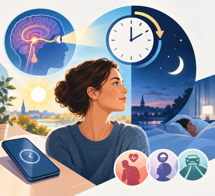 Žena medzi dennou a nočnou oblohou, symbolizujúca vplyv zmeny času a svetla na vnútorné hodiny, spánok a zdravie.